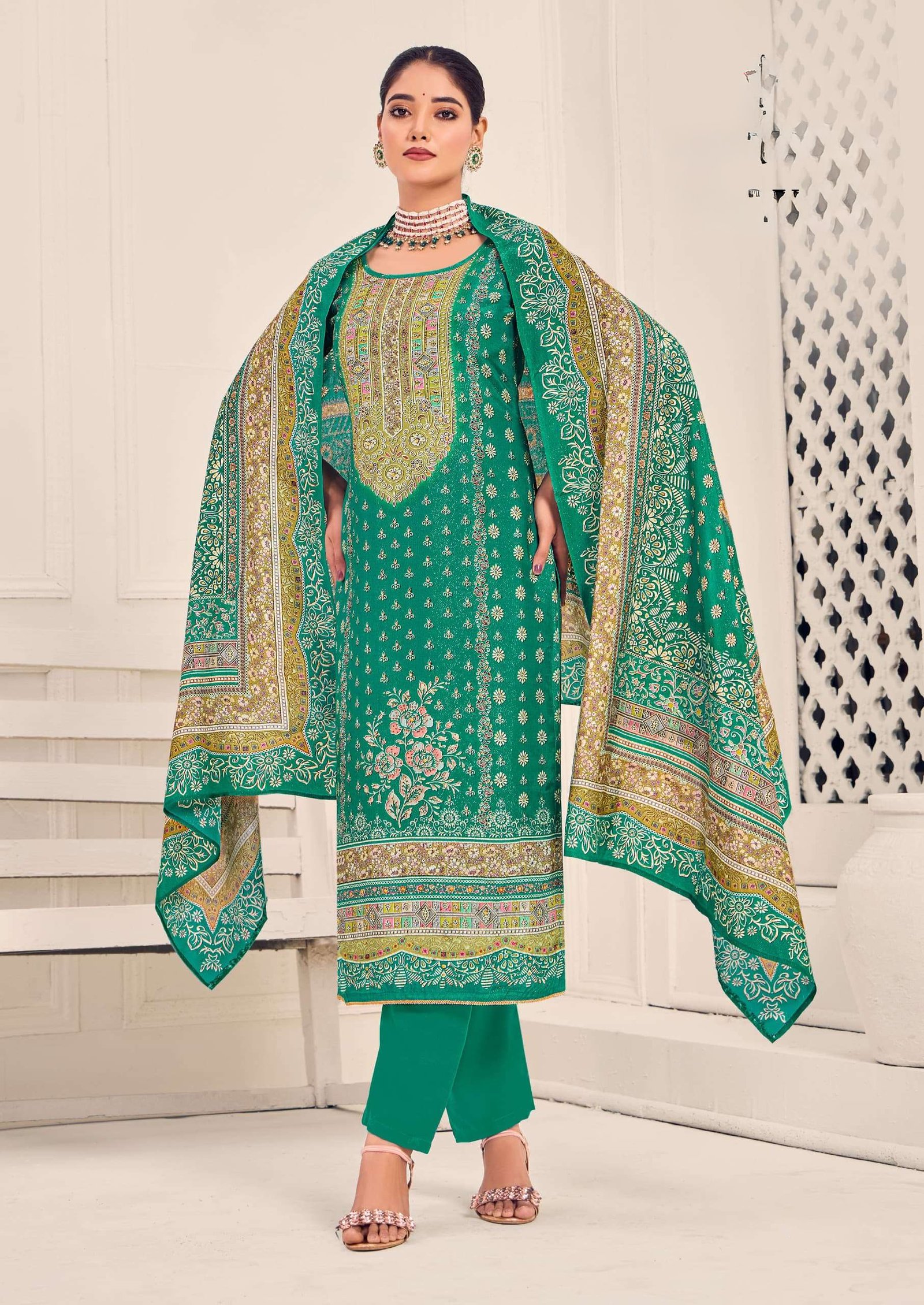 Premium Muslin Suit Set with Dupatta – Aari Work & Four-Side Lace Border