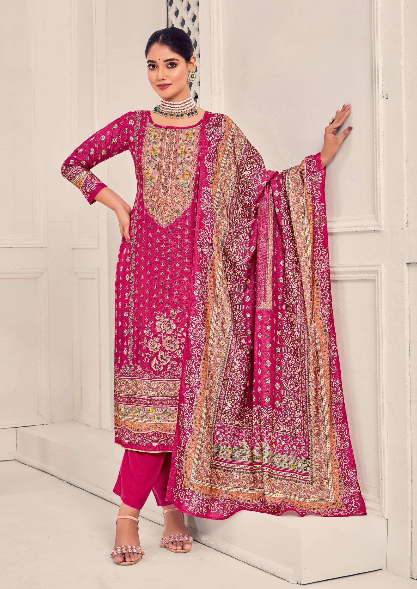 Premium Muslin Suit Set with Dupatta – Aari Work & Four-Side Lace Border