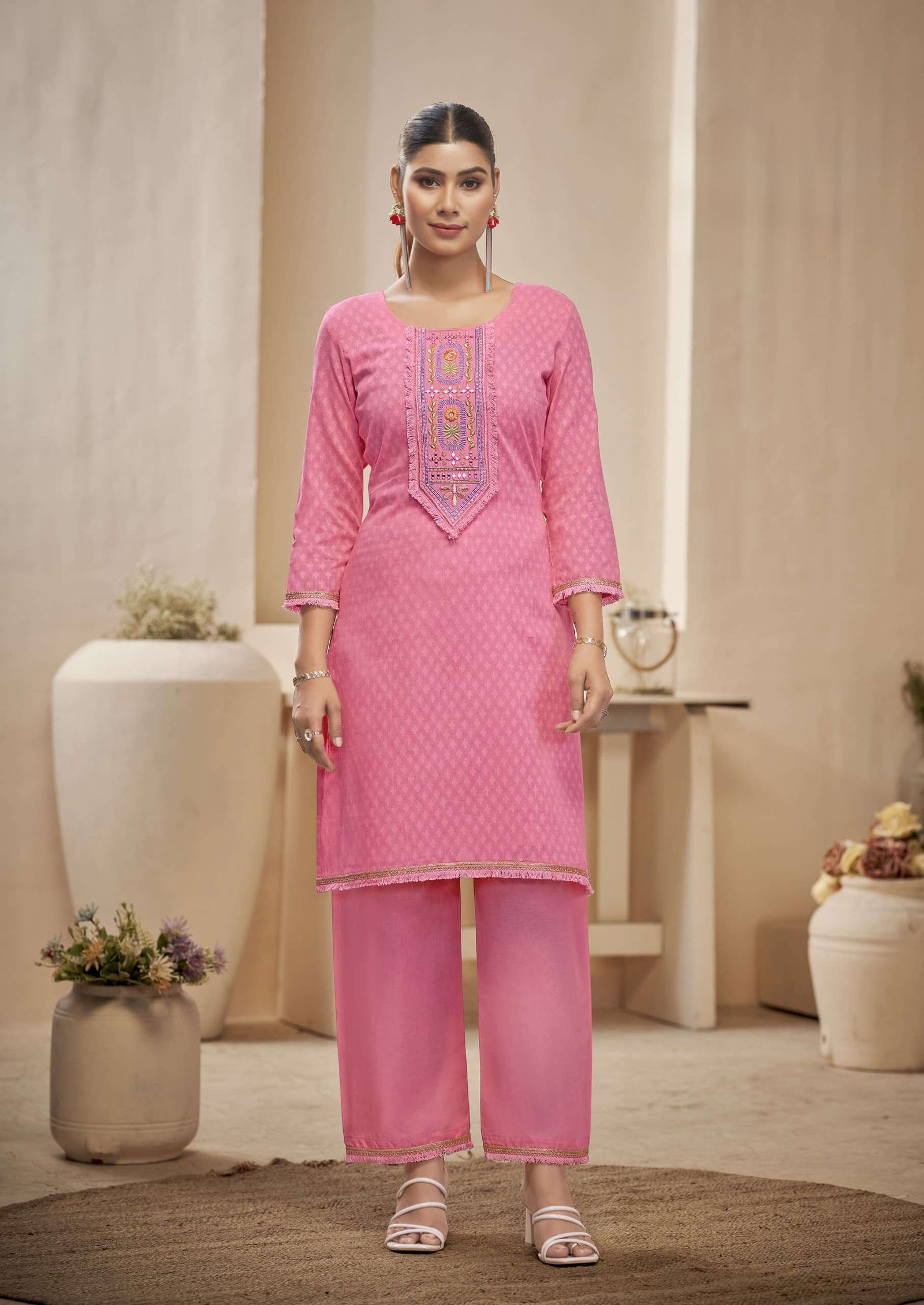 Pure Cotton Dobby Pattern Cord Set with Fancy Mirror Work and Lace Border Pant