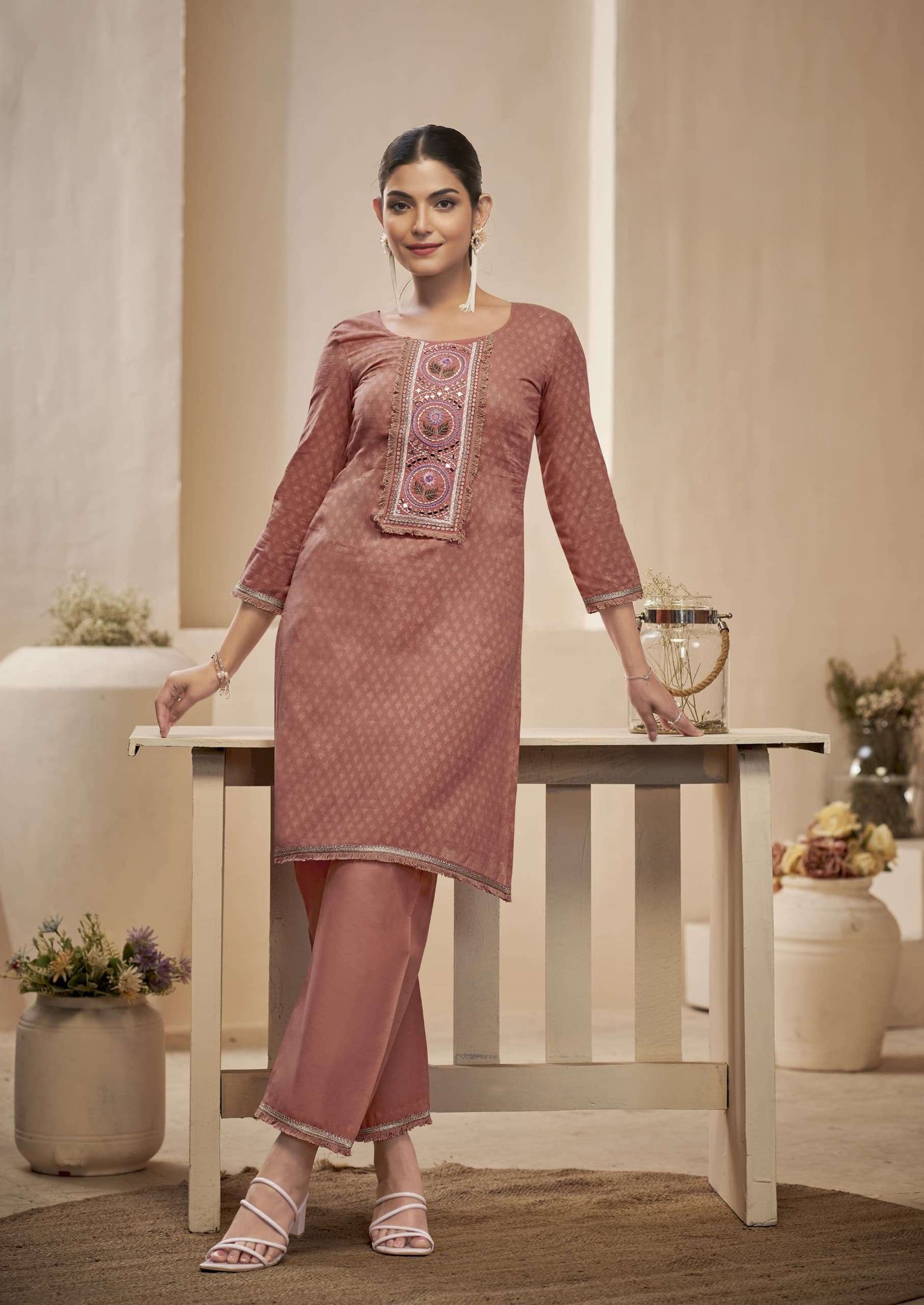 Pure Cotton Dobby Pattern Cord Set with Fancy Mirror Work and Lace Border Pant