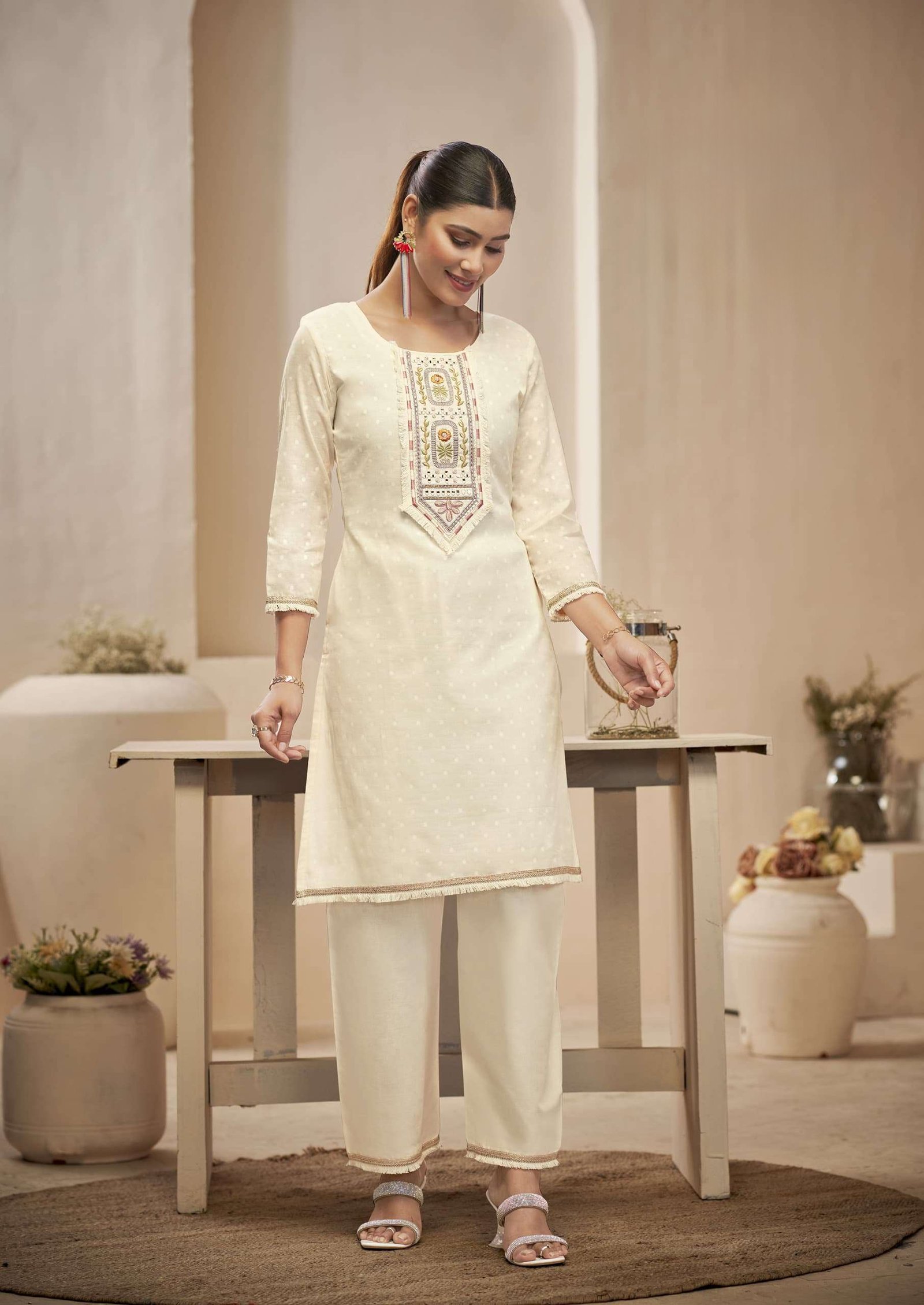 Pure Cotton Dobby Pattern Cord Set with Fancy Mirror Work and Lace Border Pant