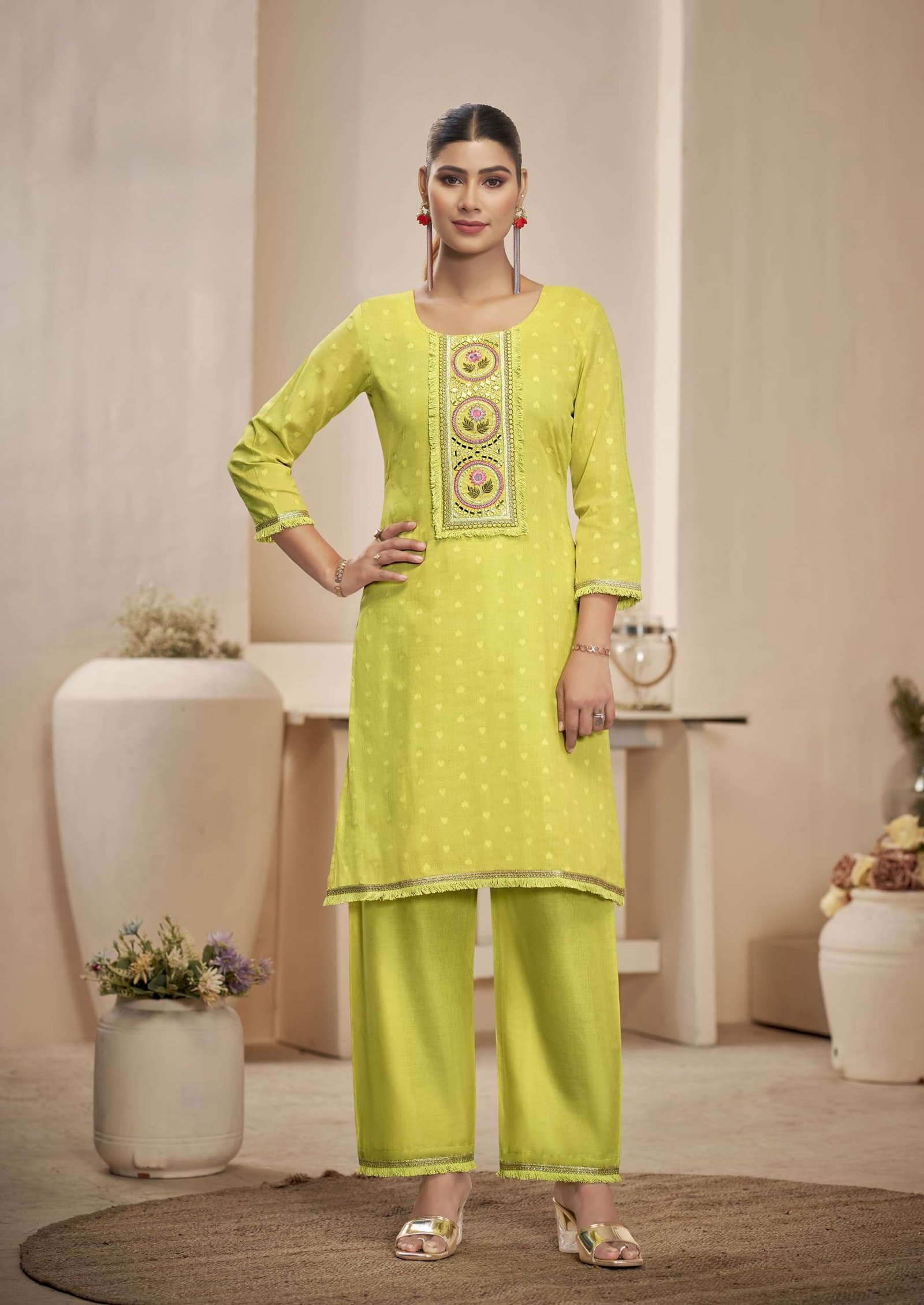 Pure Cotton Dobby Pattern Cord Set with Fancy Mirror Work and Lace Border Pant