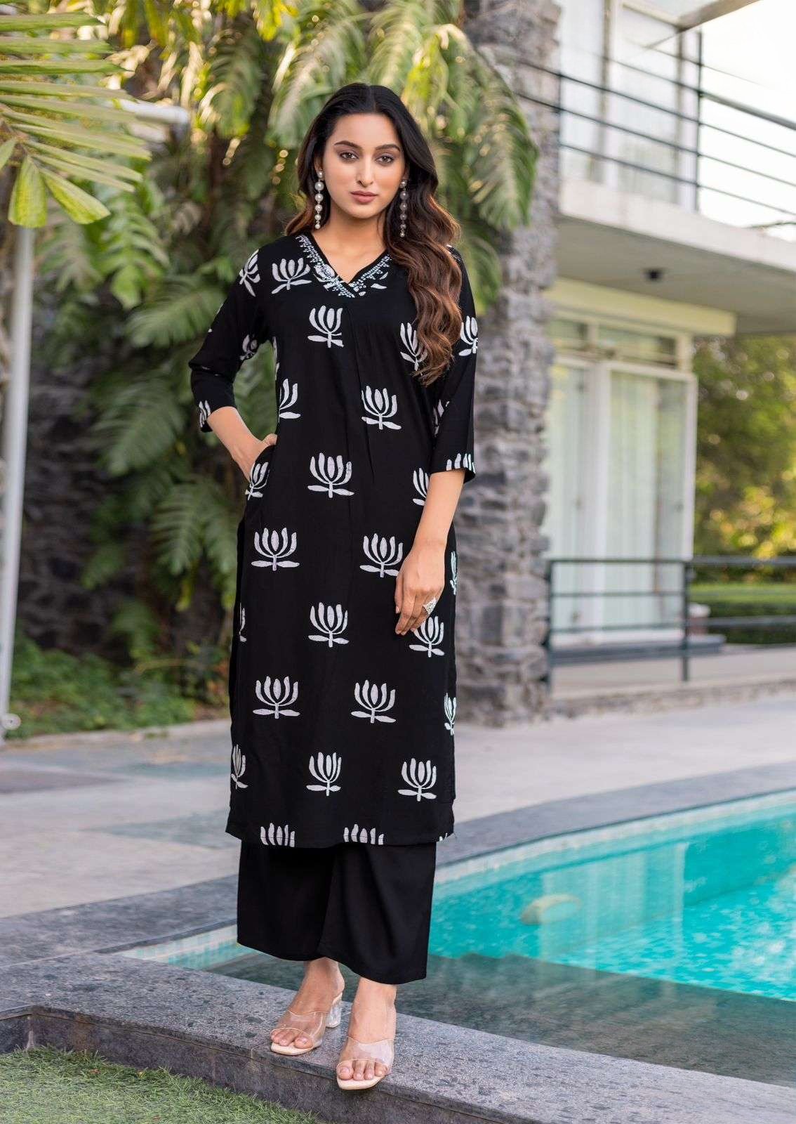 Rayon Printed Suit Set with Hand Work Detailing