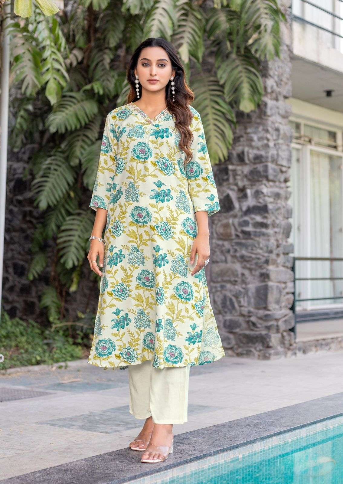Rayon Printed Suit Set with Hand Work Detailing