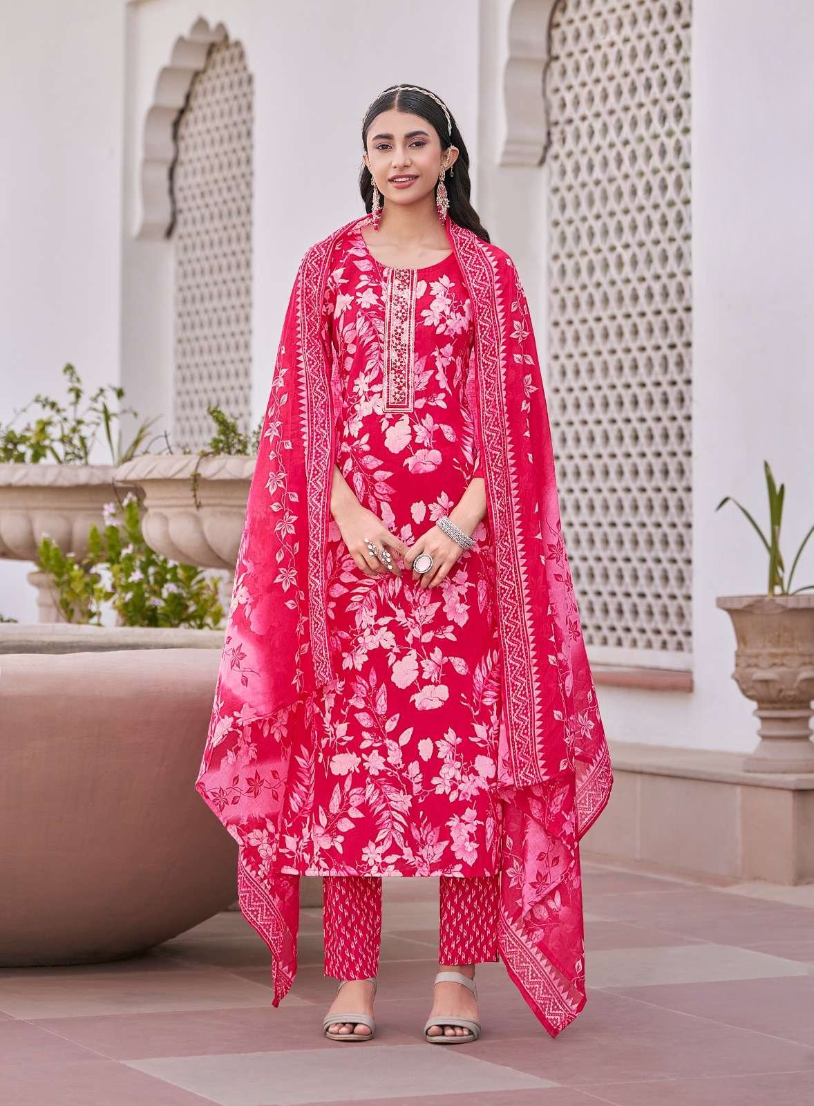 Pure Cotton Embroidered Kurti Set with Muslin Dupatta