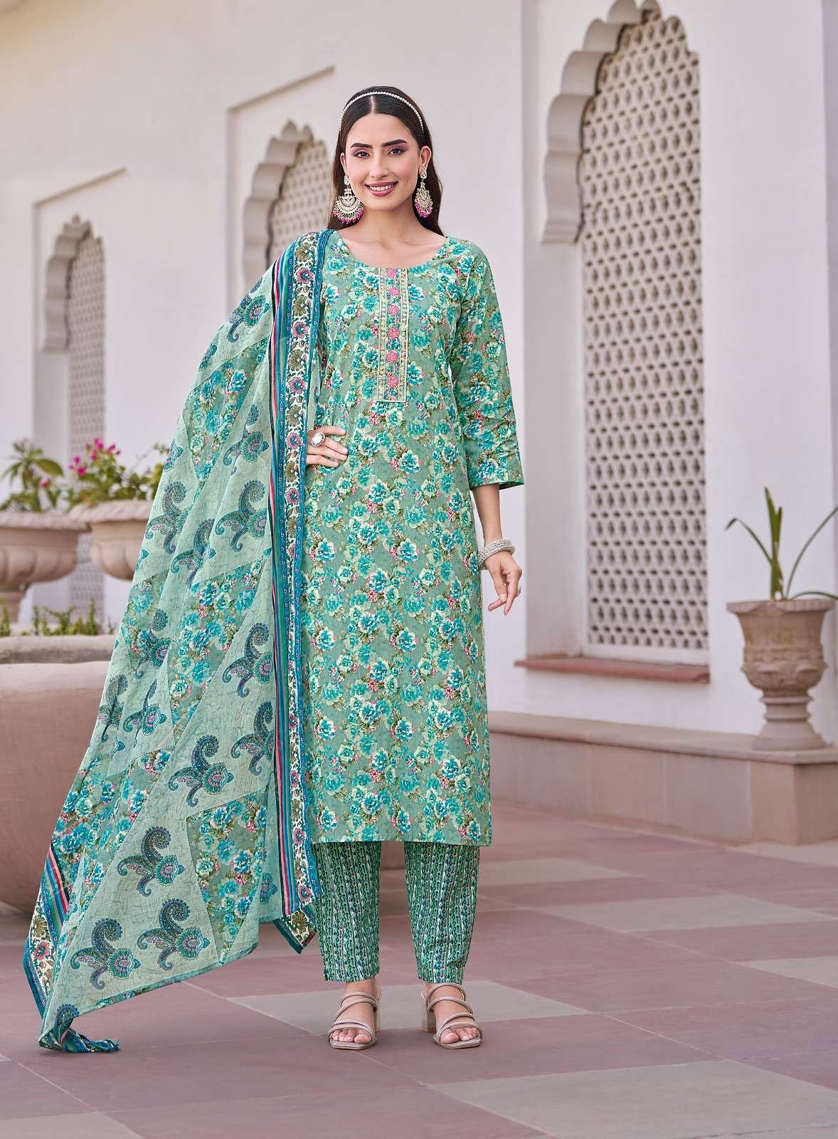 Pure Cotton Embroidered Kurti Set with Muslin Dupatta