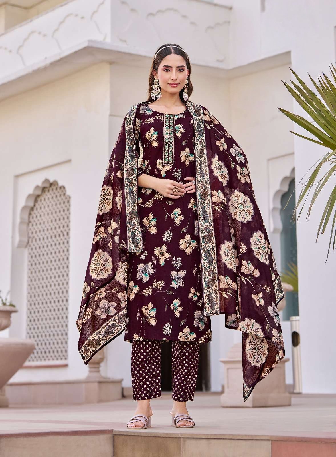 Pure Cotton Embroidered Kurti Set with Muslin Dupatta