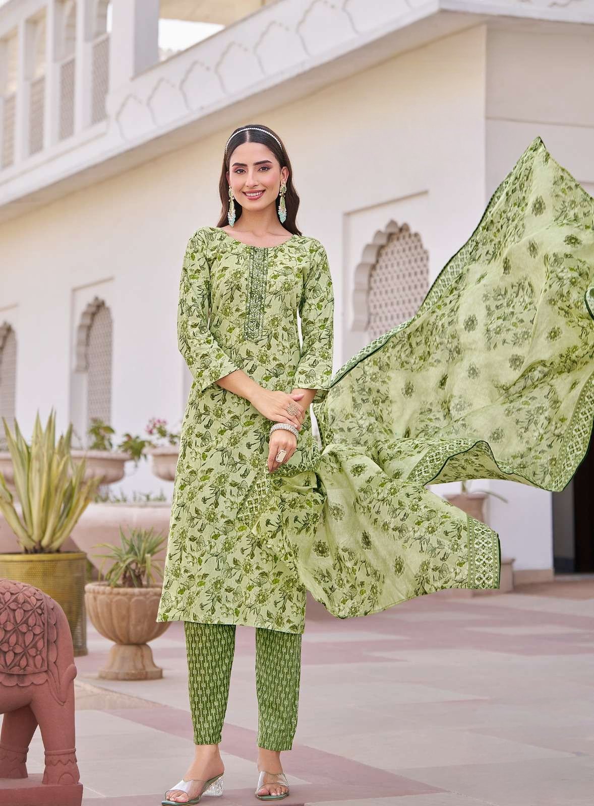 Pure Cotton Embroidered Kurti Set with Muslin Dupatta