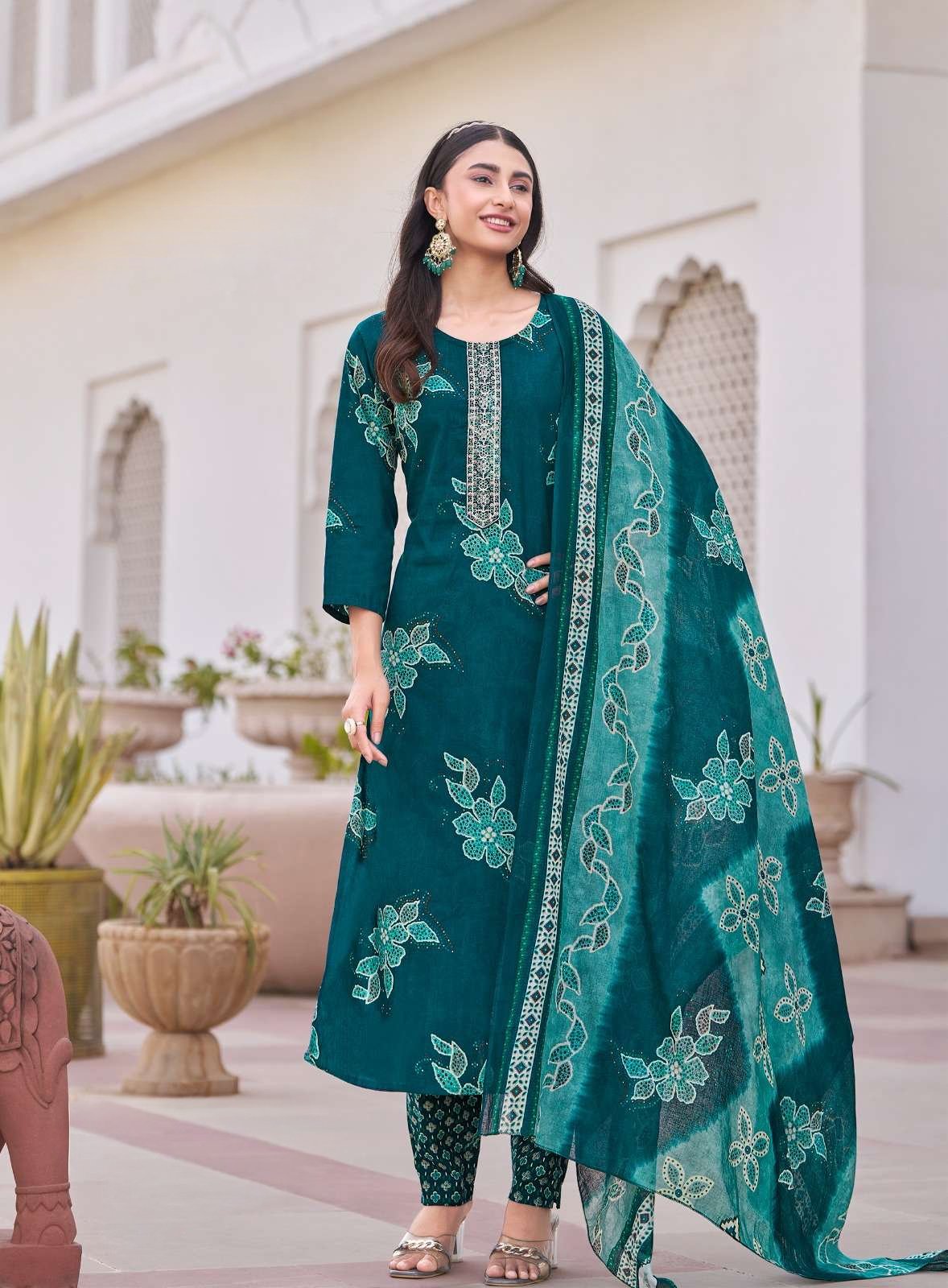 Pure Cotton Embroidered Kurti Set with Muslin Dupatta