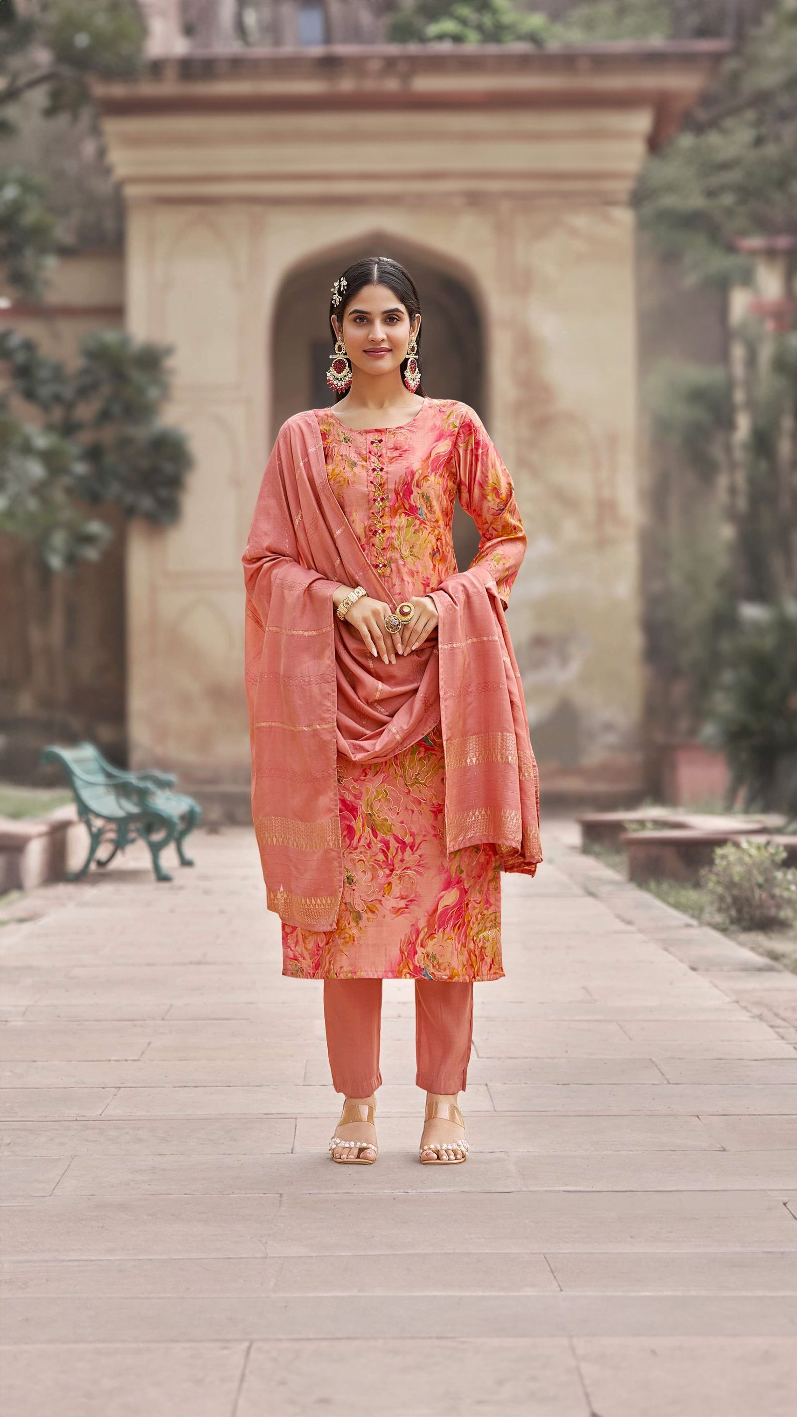 Elegant Roman Fabric Suit with Handwork & Muslin Jacquard Dupatta