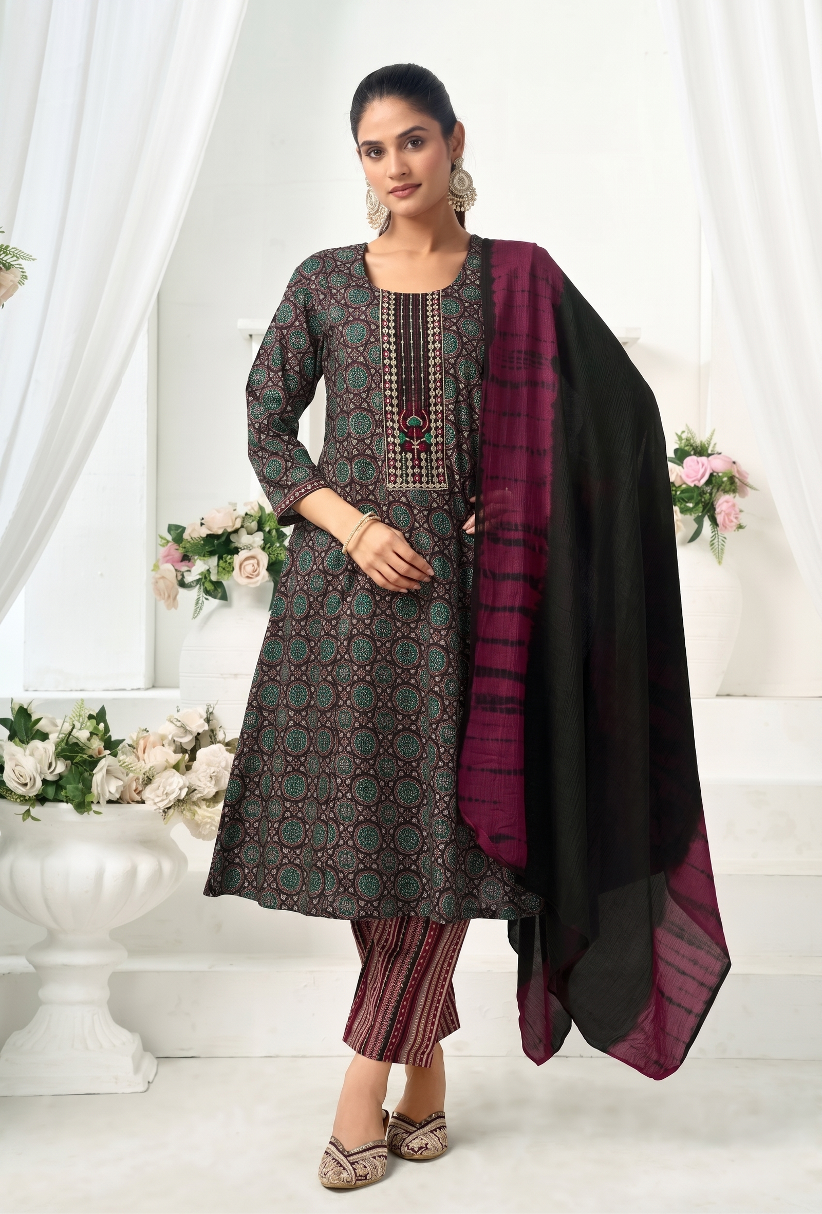 Cambric Ajrakh Print A-Line Three Piece Set